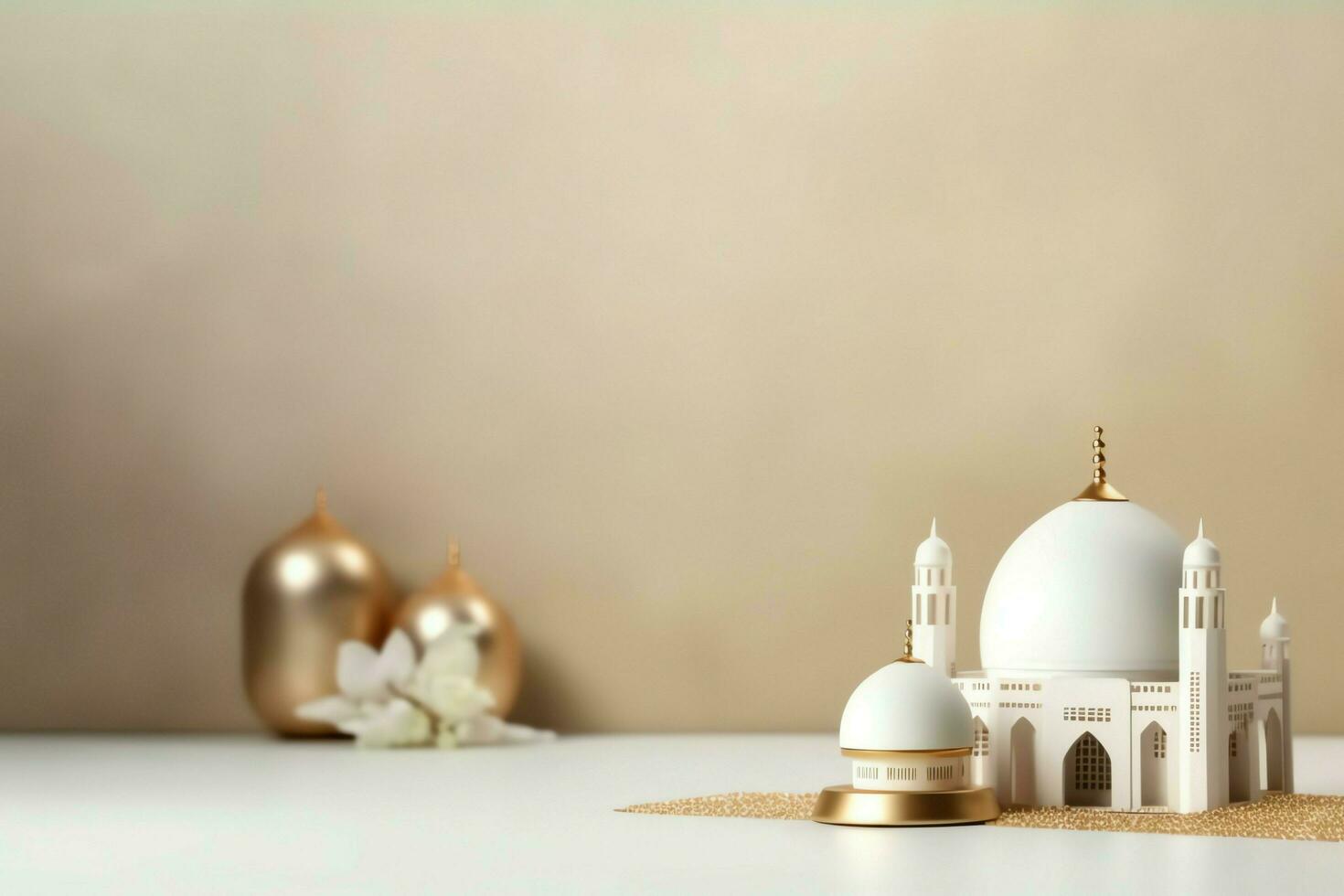 Eid mubarak and ramadan kareem greetings with copy space. Eid al fitr islamic lantern and mosque concept by AI Generated photo