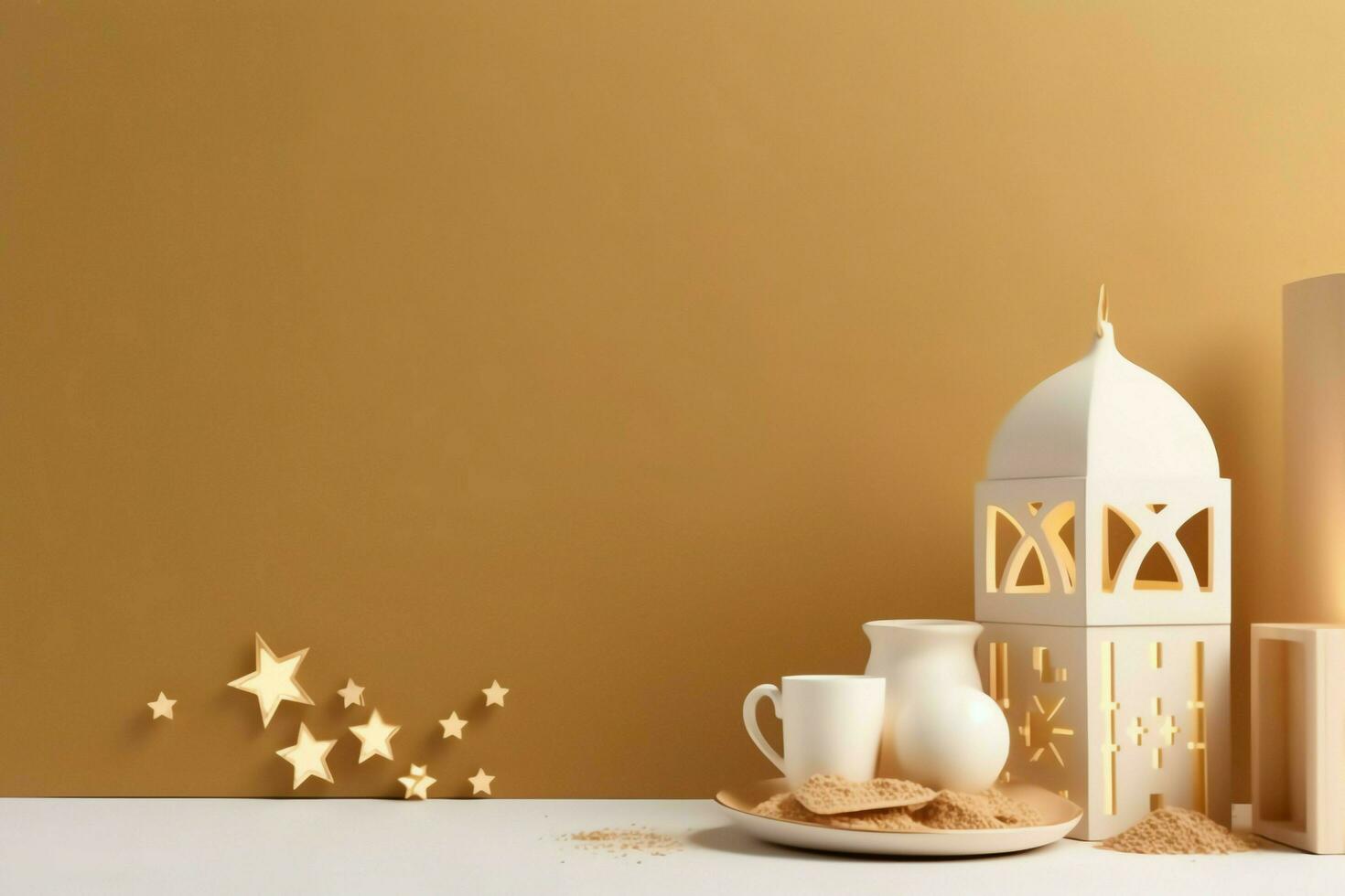 Eid mubarak and ramadan kareem greetings with copy space. Eid al fitr islamic lantern and mosque concept by AI Generated photo