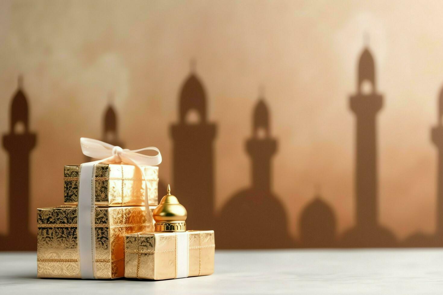 Eid mubarak and ramadan kareem greetings with copy space. Eid al fitr islamic lantern and mosque concept by AI Generated photo