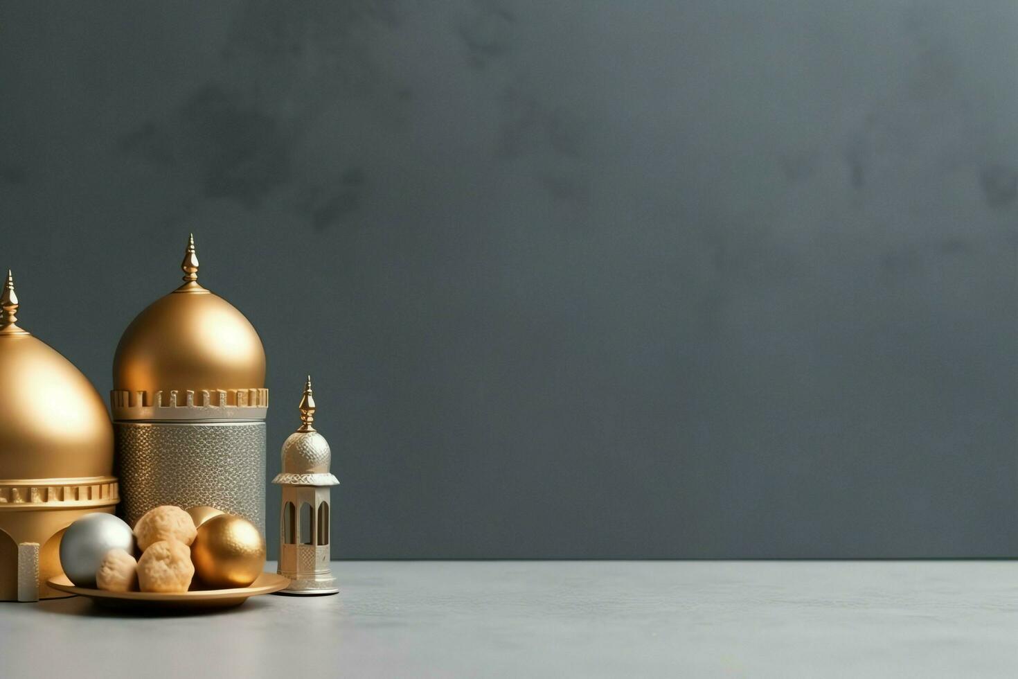 Eid mubarak and ramadan kareem greetings with copy space. Eid al fitr islamic lantern and mosque concept by AI Generated photo