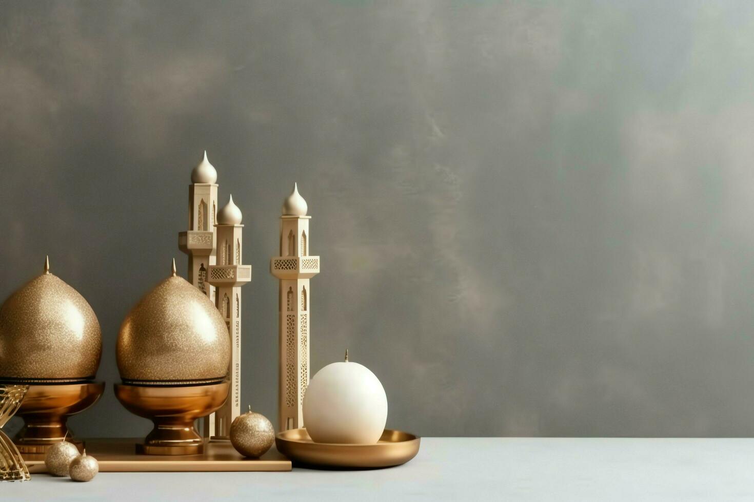 Eid mubarak and ramadan kareem greetings with copy space. Eid al fitr islamic lantern and mosque concept by AI Generated photo