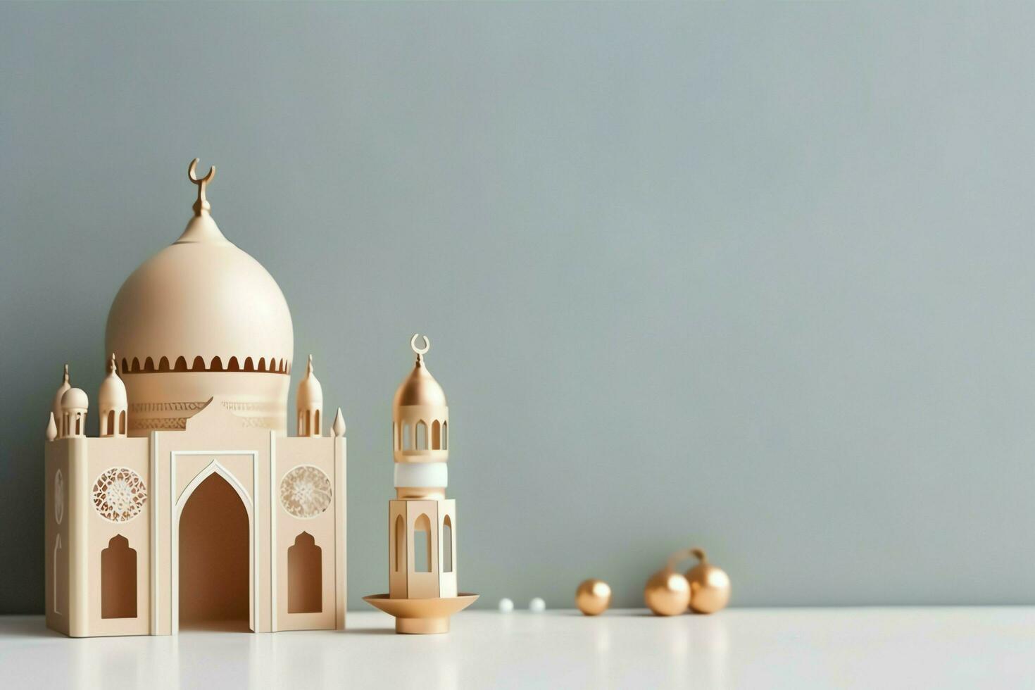 Eid mubarak and ramadan kareem greetings with copy space. Eid al fitr islamic lantern and mosque concept by AI Generated photo