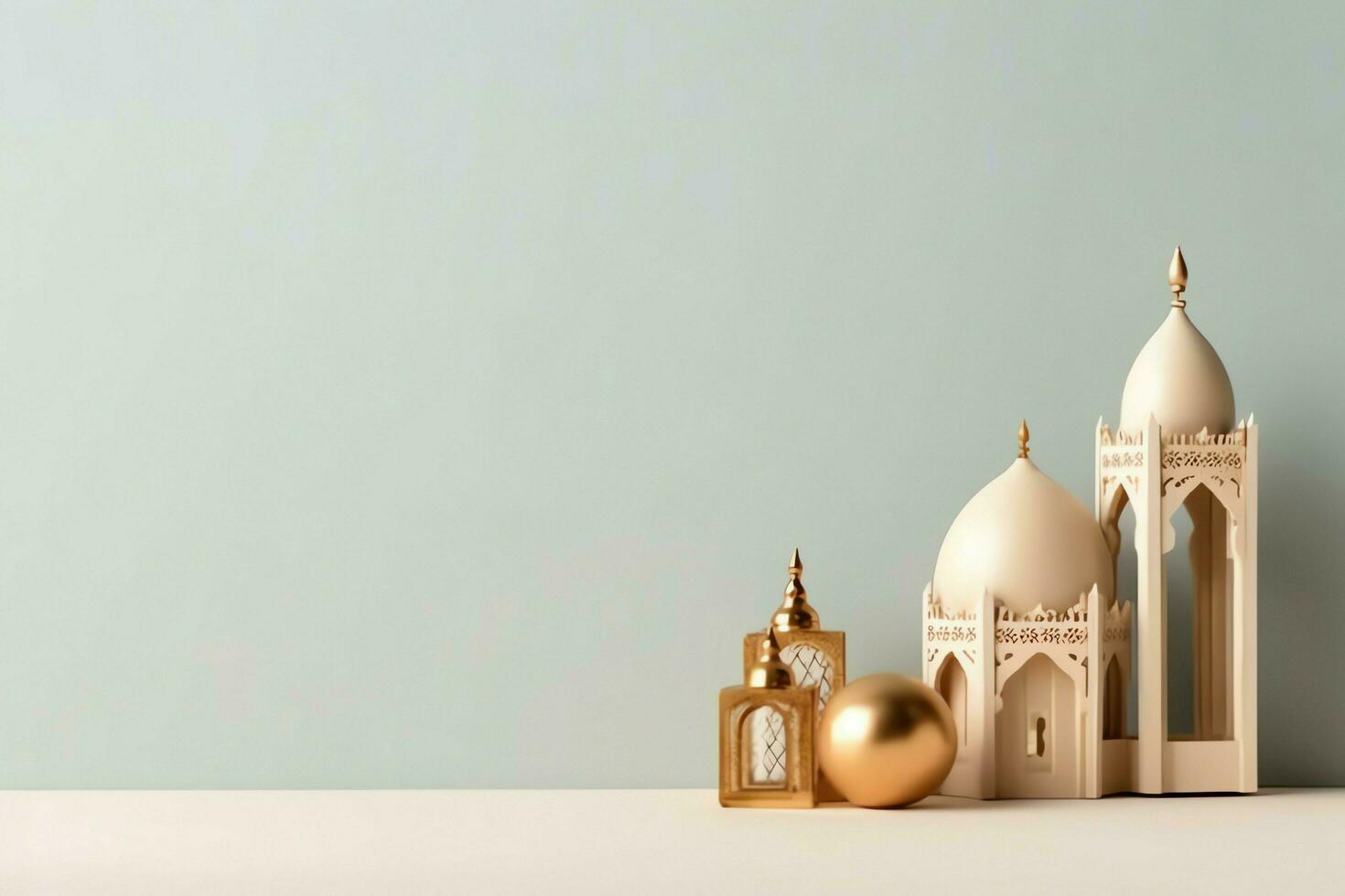 Eid mubarak and ramadan kareem greetings with copy space. Eid al fitr islamic lantern and mosque concept by AI Generated photo
