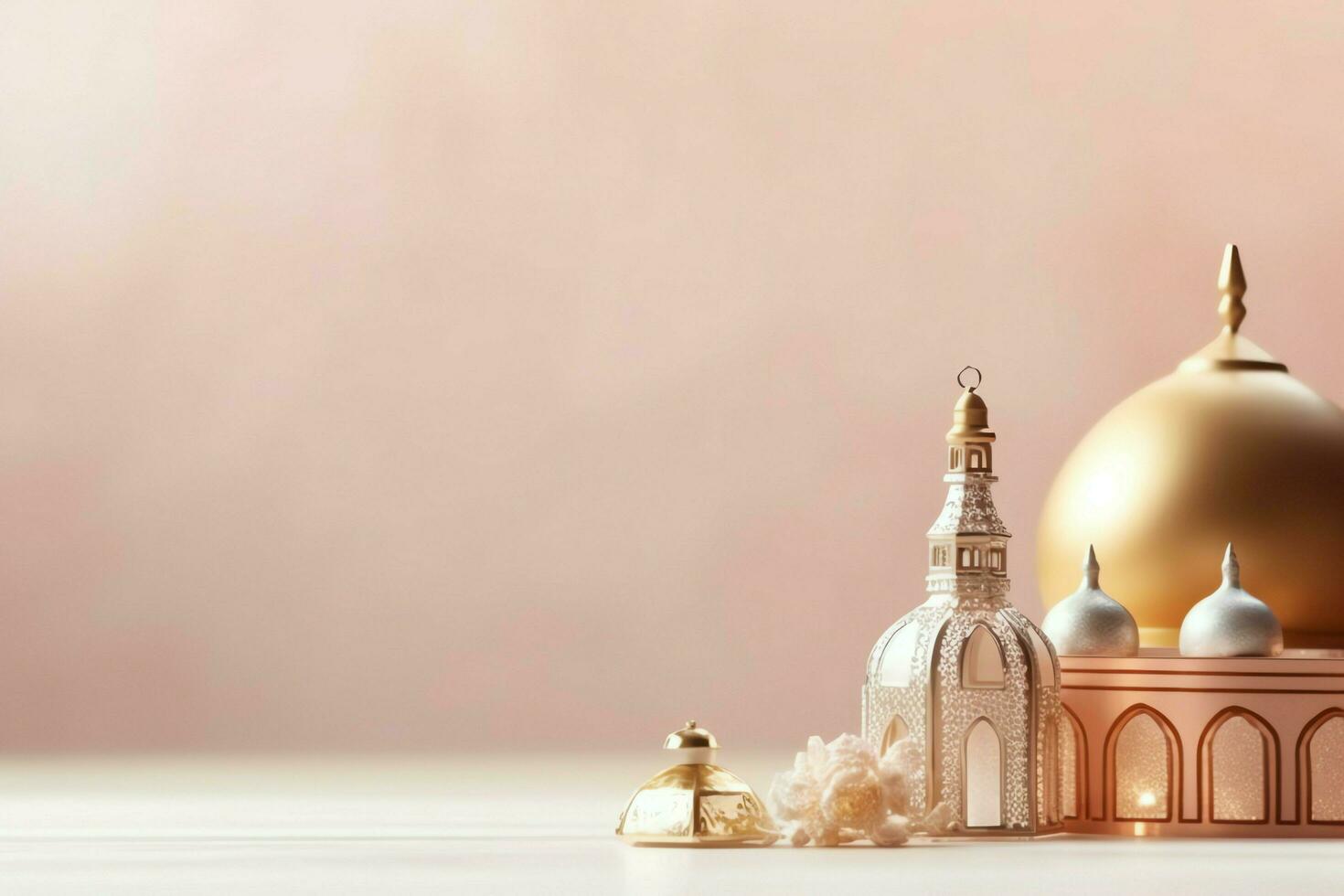 Eid mubarak and ramadan kareem greetings with copy space. Eid al fitr islamic lantern and mosque concept by AI Generated photo