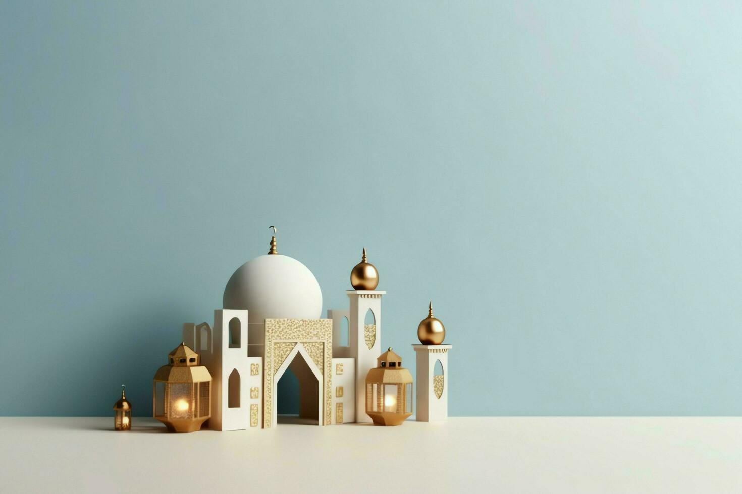 Eid mubarak and ramadan kareem greetings with copy space. Eid al fitr islamic lantern and mosque concept by AI Generated photo