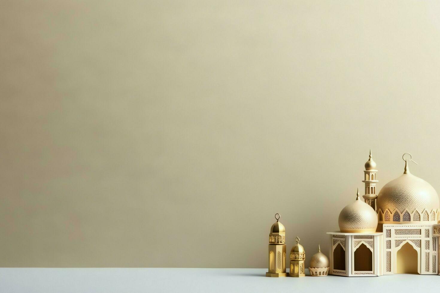 Eid mubarak and ramadan kareem greetings with copy space. Eid al fitr islamic lantern and mosque concept by AI Generated photo
