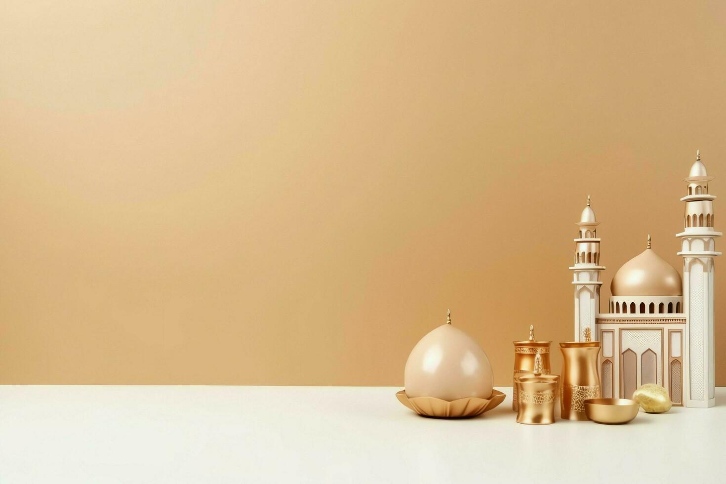 Eid mubarak and ramadan kareem greetings with copy space. Eid al fitr islamic lantern and mosque concept by AI Generated photo