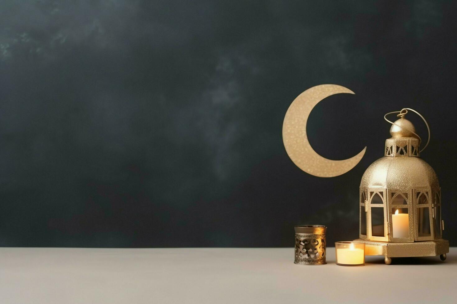 Eid mubarak and ramadan kareem greetings with copy space. Eid al fitr islamic lantern and mosque concept by AI Generated photo