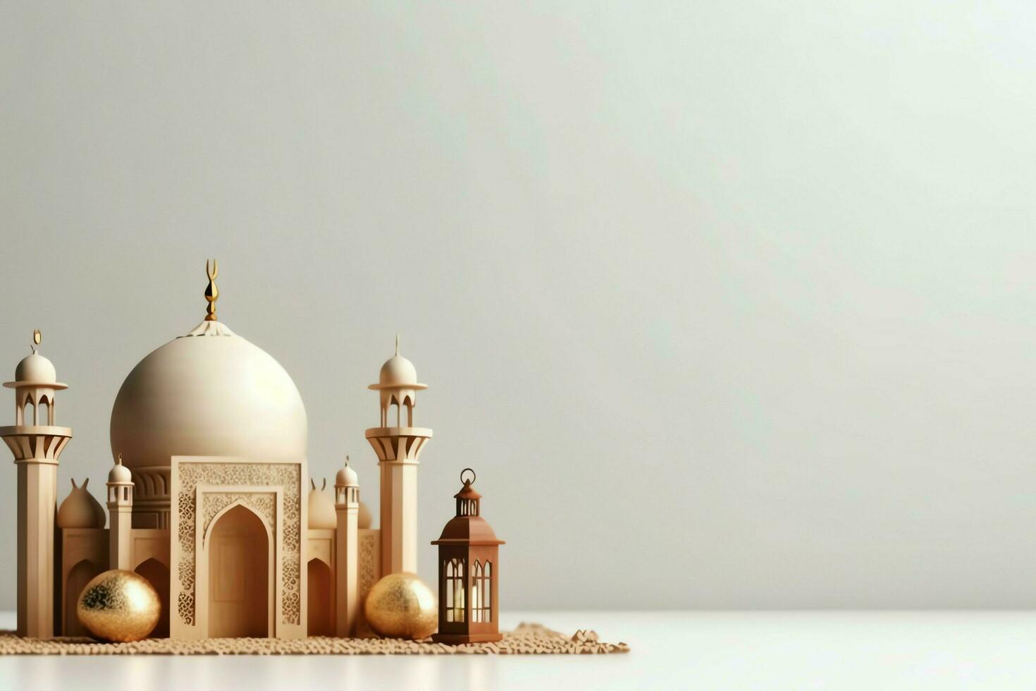 Eid mubarak and ramadan kareem greetings with copy space. Eid al fitr islamic lantern and mosque concept by AI Generated photo