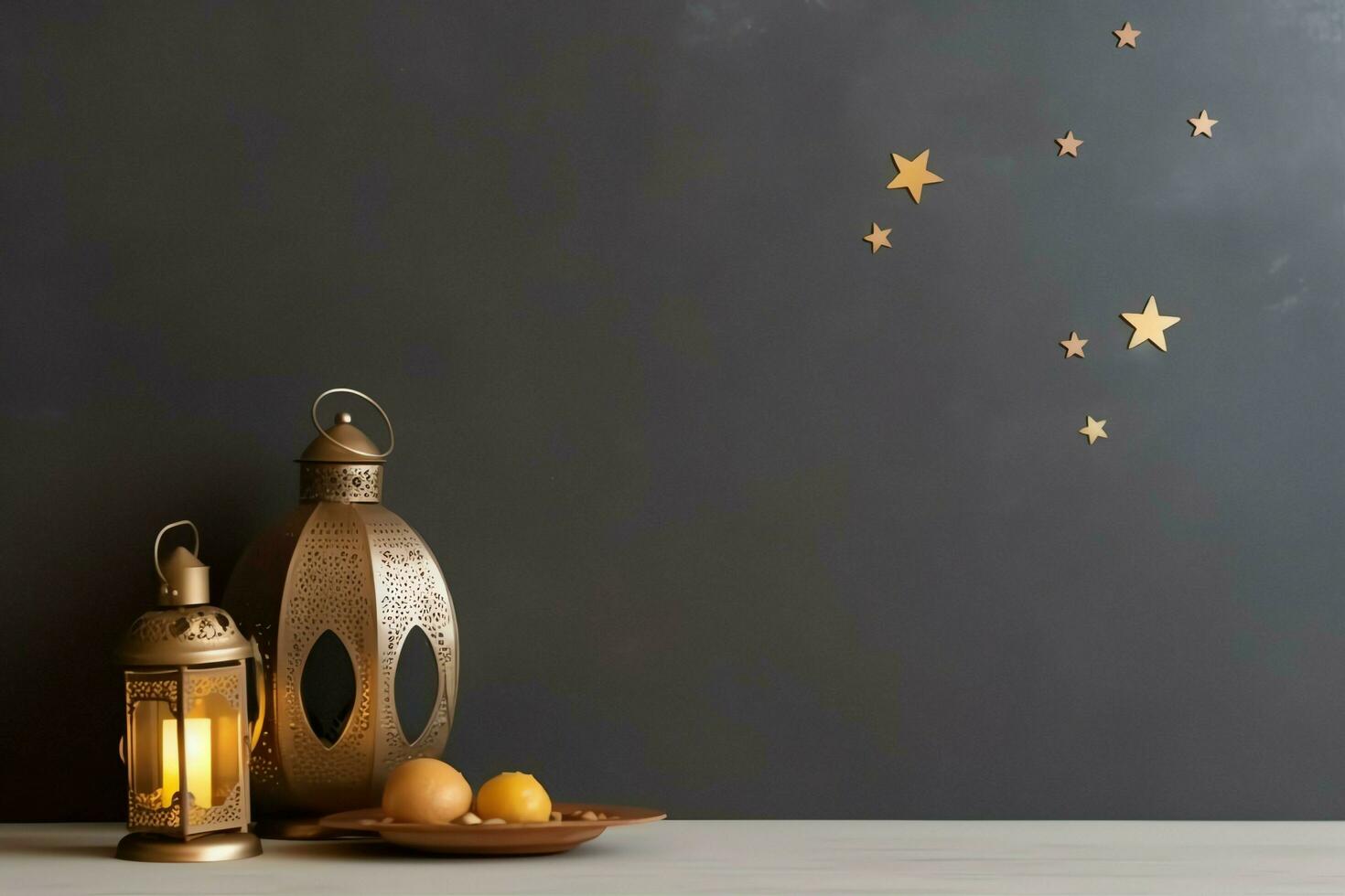 Eid mubarak and ramadan kareem greetings with copy space. Eid al fitr islamic lantern and mosque concept by AI Generated photo