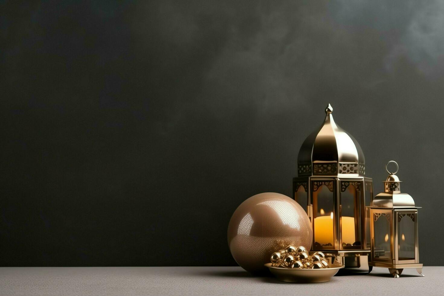 Eid mubarak and ramadan kareem greetings with copy space. Eid al fitr islamic lantern and mosque concept by AI Generated photo