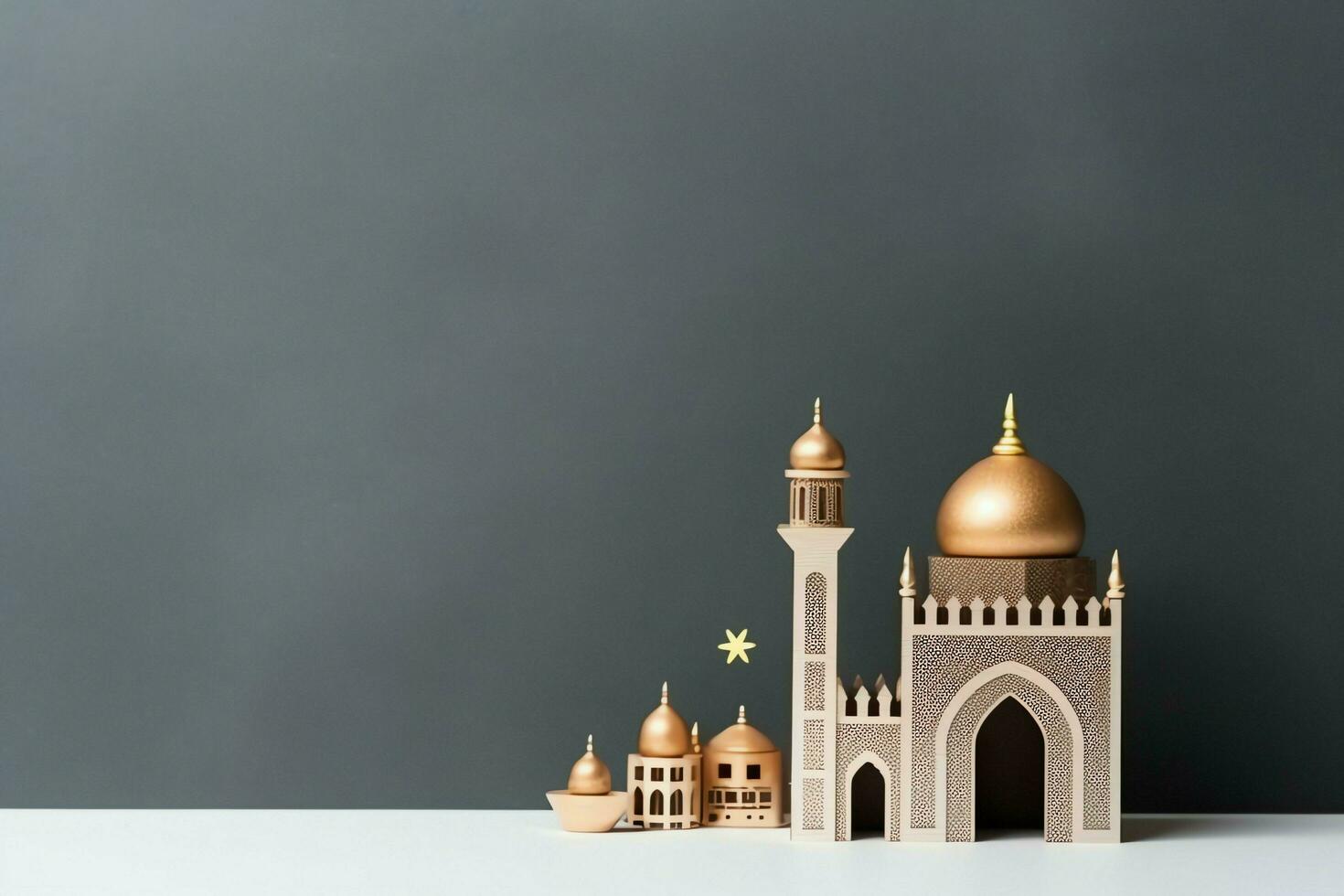 Eid mubarak and ramadan kareem greetings with copy space. Eid al fitr islamic lantern and mosque concept by AI Generated photo