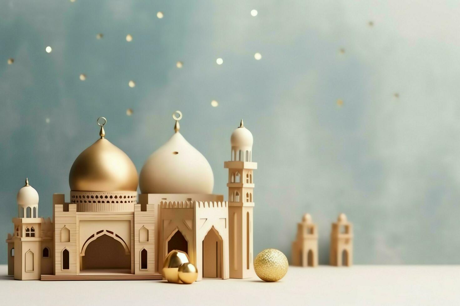 Eid mubarak and ramadan kareem greetings with copy space. Eid al fitr islamic lantern and mosque concept by AI Generated photo