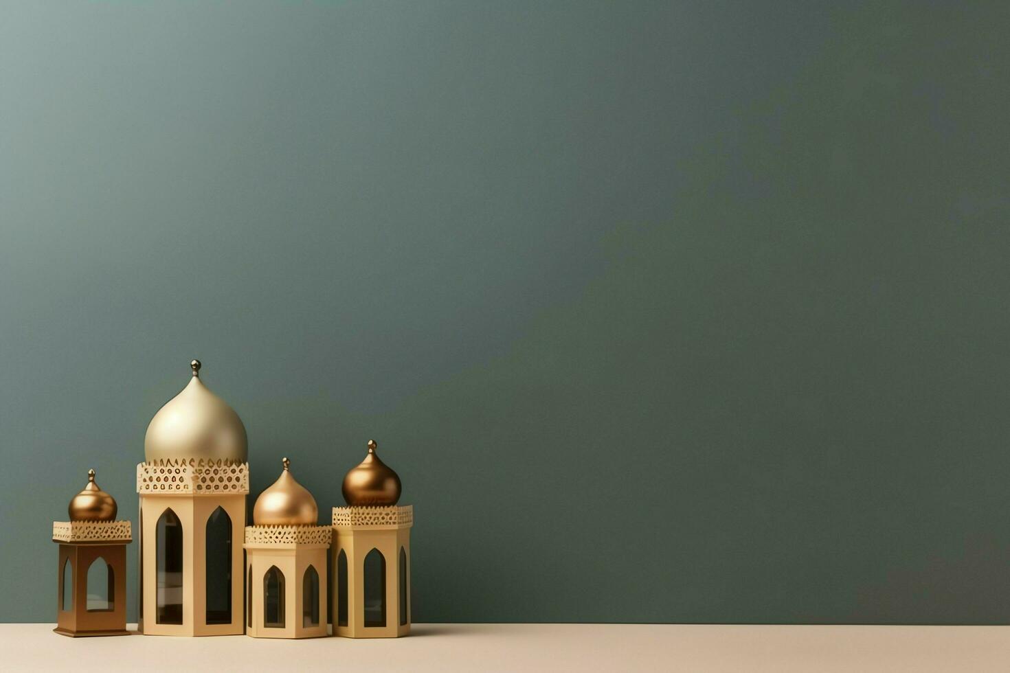 Eid mubarak and ramadan kareem greetings with copy space. Eid al fitr islamic lantern and mosque concept by AI Generated photo