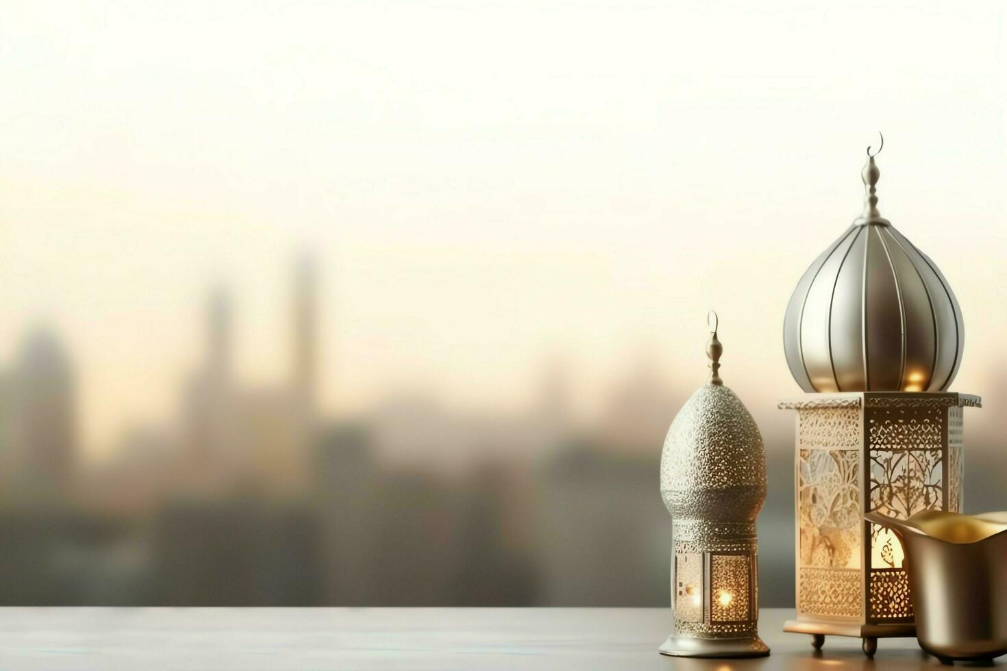 Eid mubarak and ramadan kareem greetings with copy space. Eid al fitr islamic lantern and mosque concept by AI Generated photo