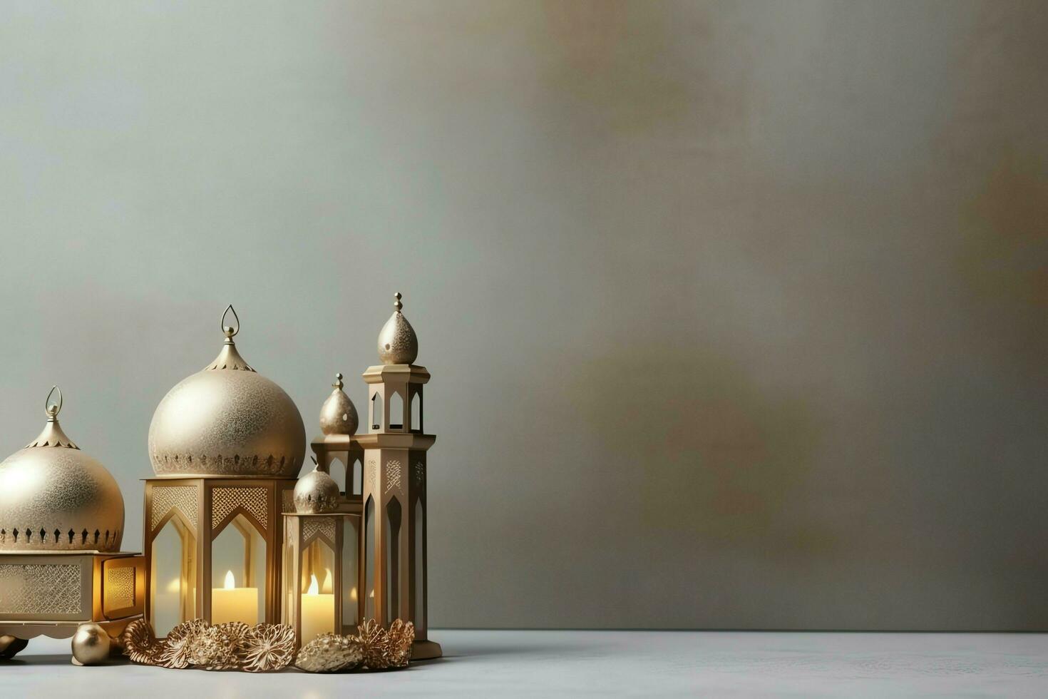 Eid mubarak and ramadan kareem greetings with copy space. Eid al fitr islamic lantern and mosque concept by AI Generated photo