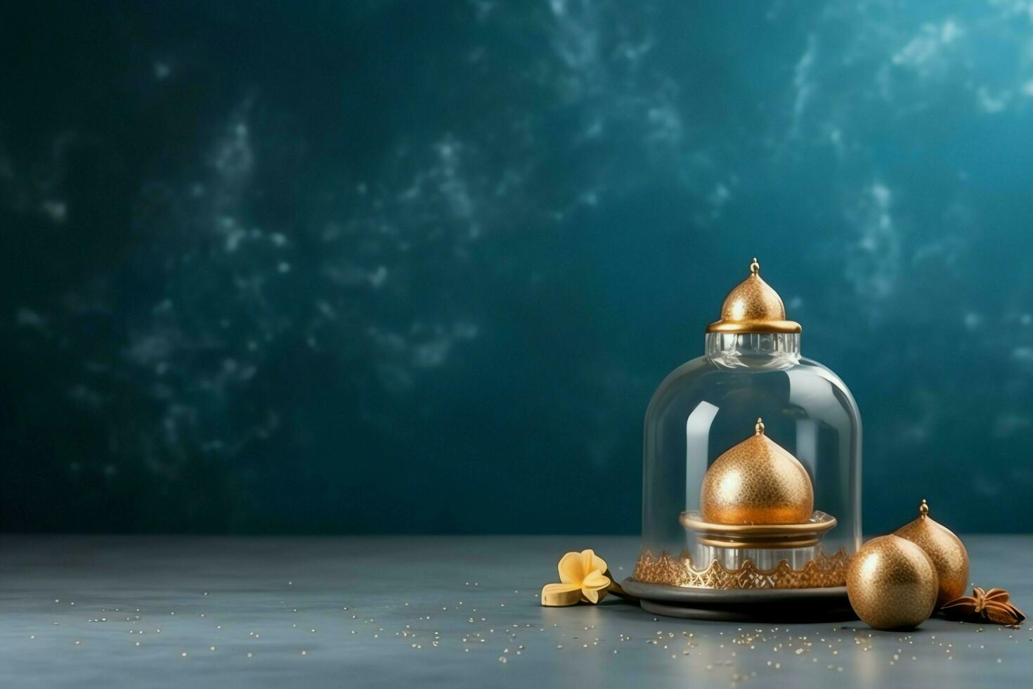 Eid mubarak and ramadan kareem greetings with copy space. Eid al fitr islamic lantern and mosque concept by AI Generated photo