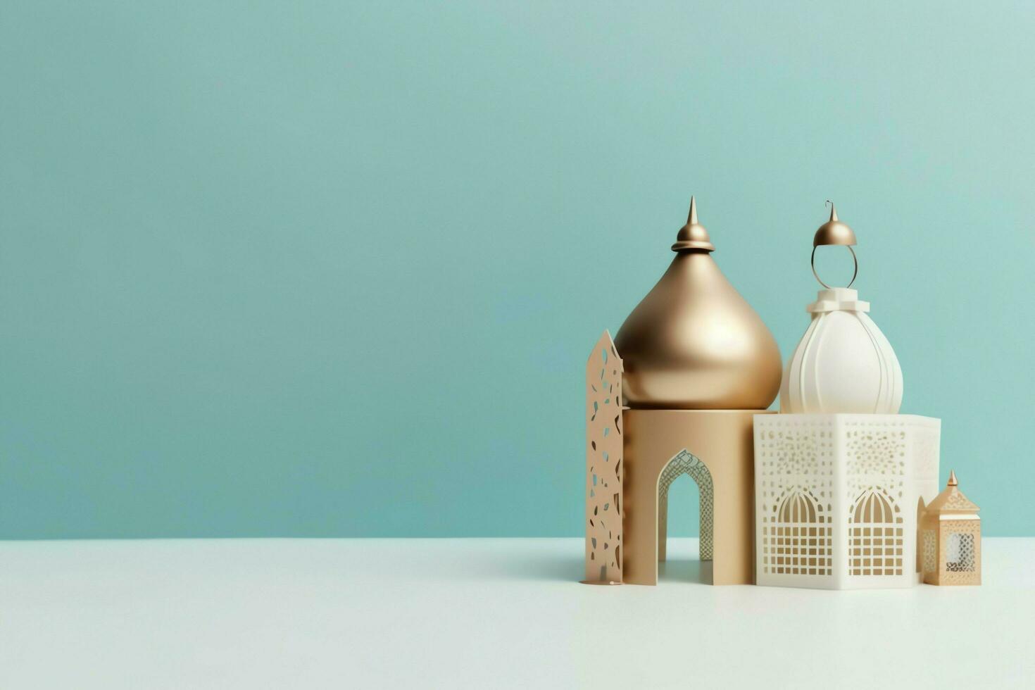 Eid mubarak and ramadan kareem greetings with copy space. Eid al fitr islamic lantern and mosque concept by AI Generated photo