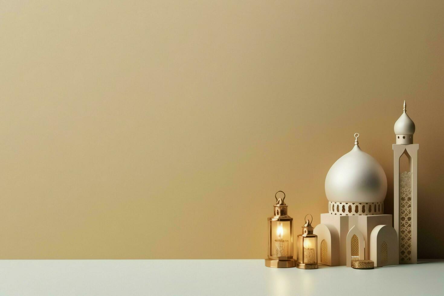 Eid mubarak and ramadan kareem greetings with copy space. Eid al fitr islamic lantern and mosque concept by AI Generated photo