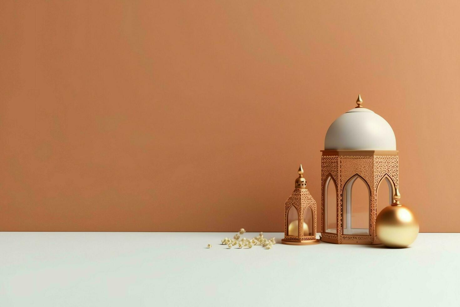Eid mubarak and ramadan kareem greetings with copy space. Eid al fitr islamic lantern and mosque concept by AI Generated photo