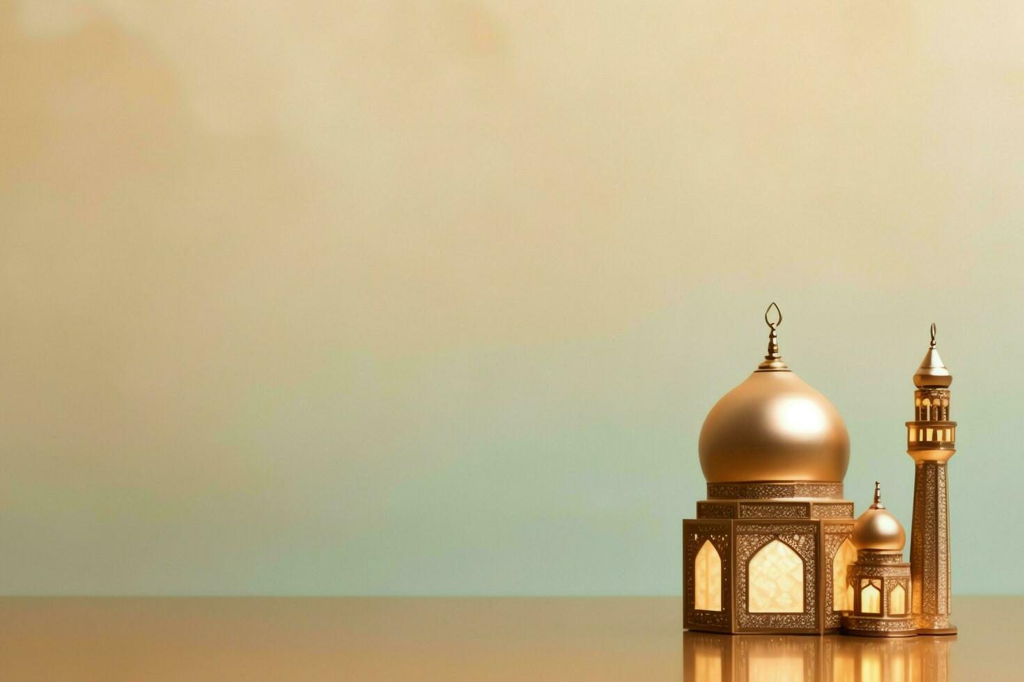 Eid mubarak and ramadan kareem greetings with copy space. Eid al fitr islamic lantern and mosque concept by AI Generated photo