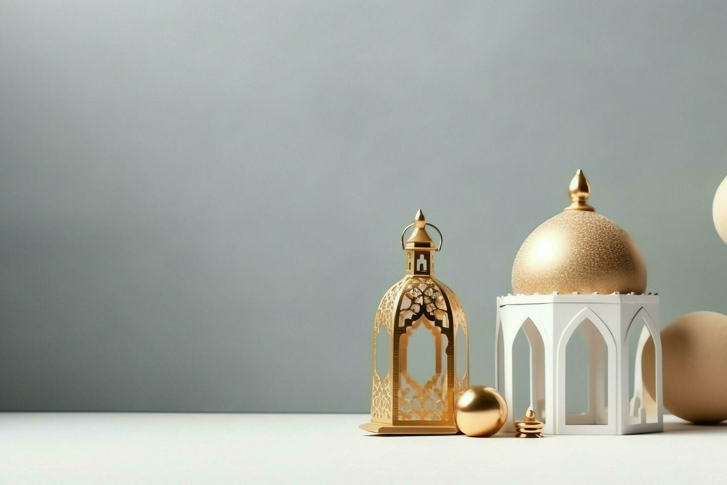 Eid mubarak and ramadan kareem greetings with copy space. Eid al fitr islamic lantern and mosque concept by AI Generated photo