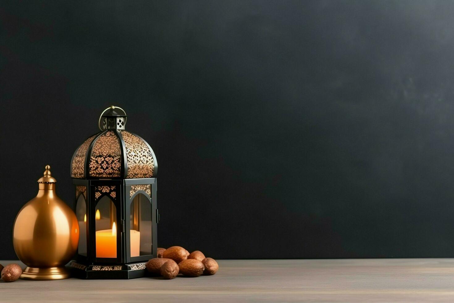 Eid mubarak and ramadan kareem greetings with copy space. Eid al fitr islamic lantern and mosque concept by AI Generated photo
