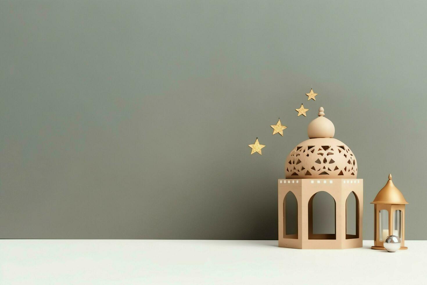 Eid mubarak and ramadan kareem greetings with copy space. Eid al fitr islamic lantern and mosque concept by AI Generated photo