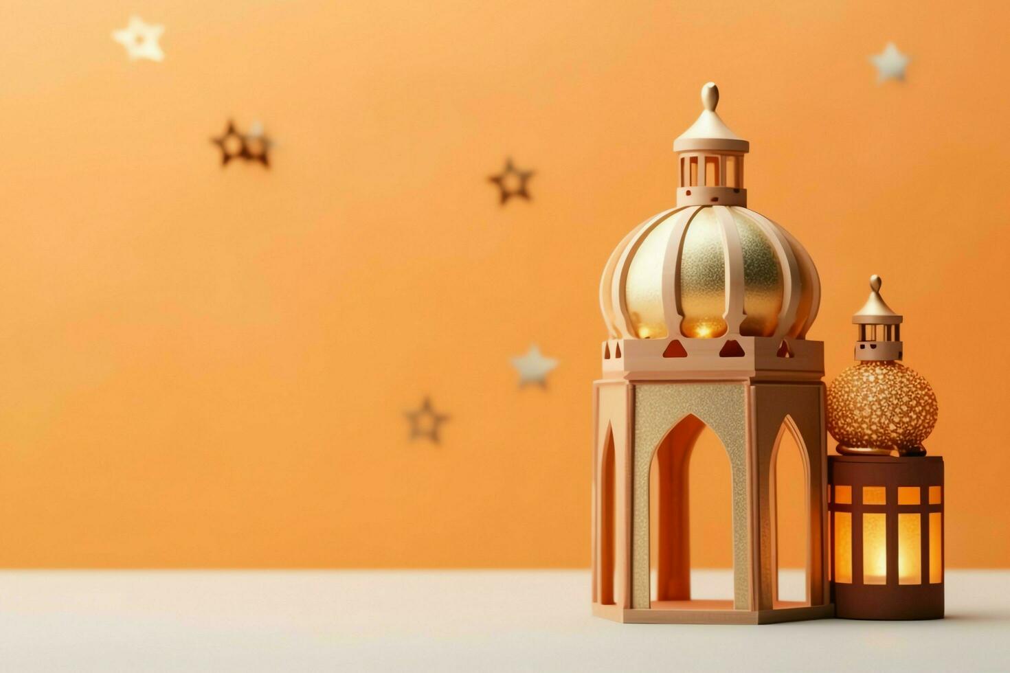 Eid mubarak and ramadan kareem greetings with copy space. Eid al fitr islamic lantern and mosque concept by AI Generated photo