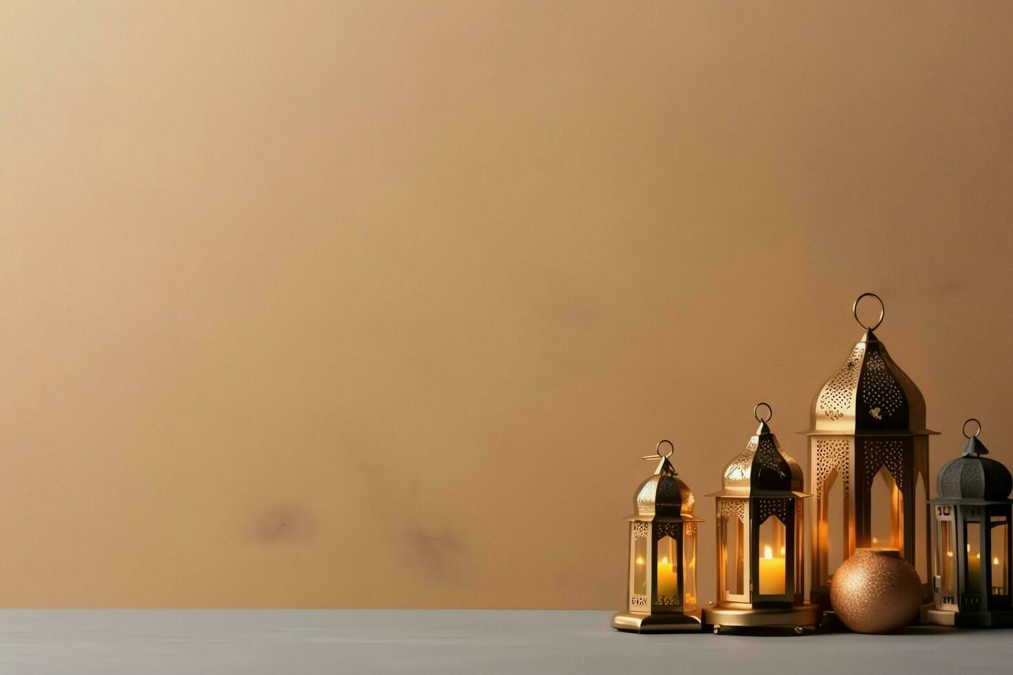 Eid mubarak and ramadan kareem greetings with copy space. Eid al fitr islamic lantern and mosque concept by AI Generated photo