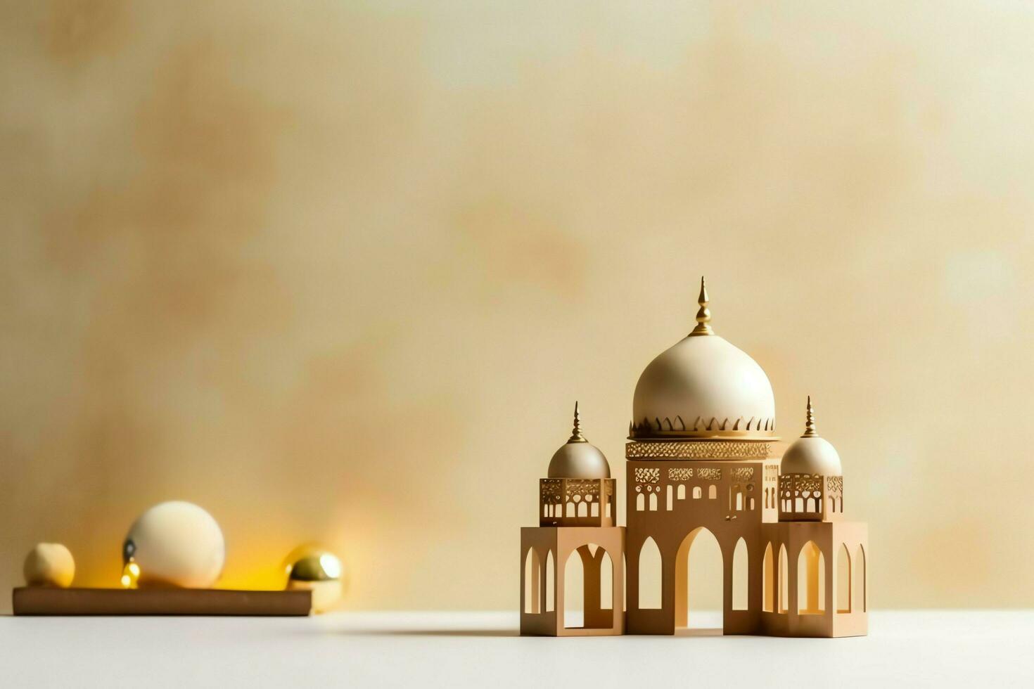 Eid mubarak and ramadan kareem greetings with copy space. Eid al fitr islamic lantern and mosque concept by AI Generated photo