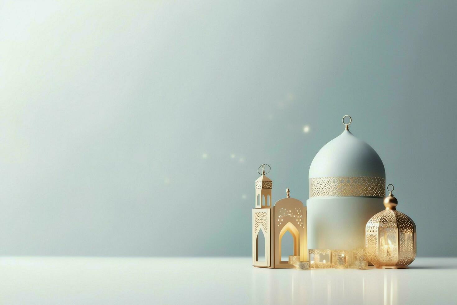 Eid mubarak and ramadan kareem greetings with copy space. Eid al fitr islamic lantern and mosque concept by AI Generated photo