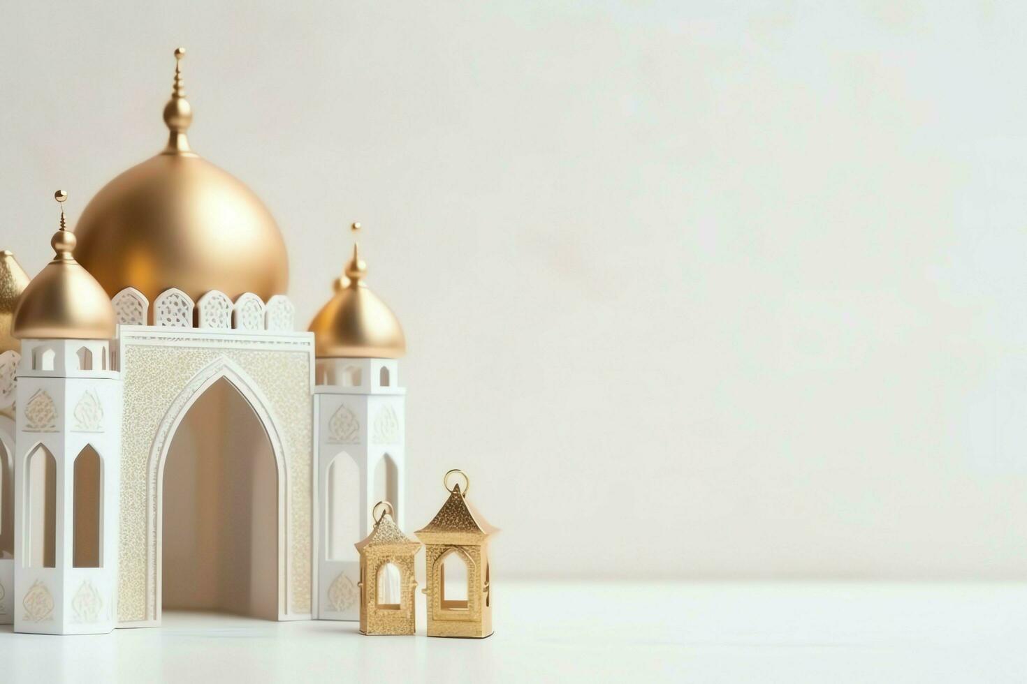 Eid mubarak and ramadan kareem greetings with copy space. Eid al fitr islamic lantern and mosque concept by AI Generated photo