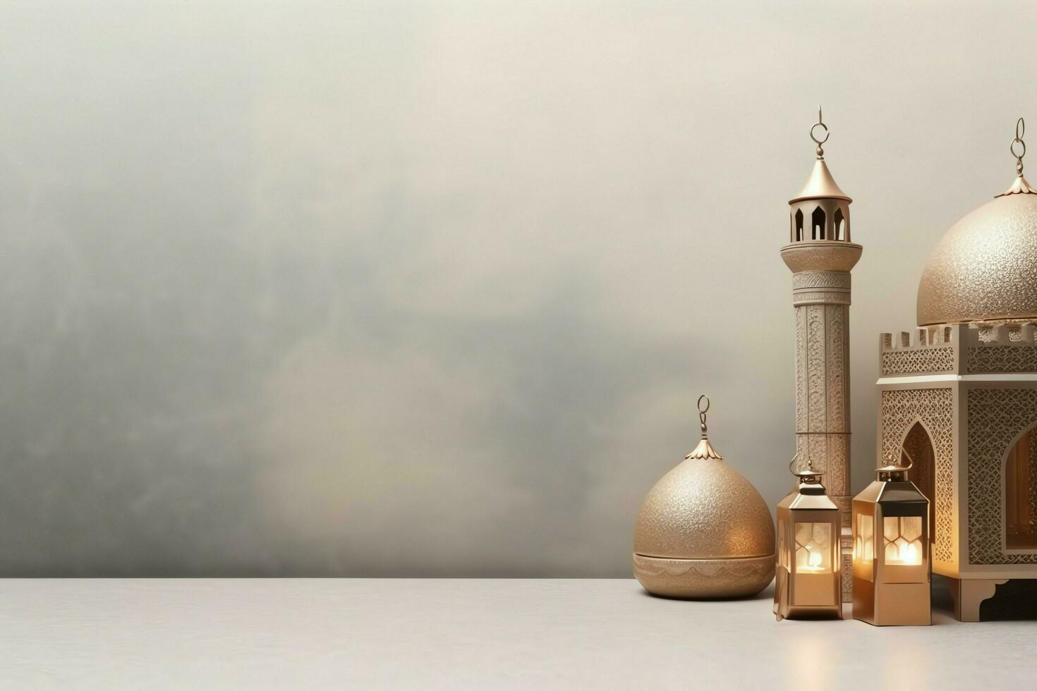 Eid mubarak and ramadan kareem greetings with copy space. Eid al fitr islamic lantern and mosque concept by AI Generated photo