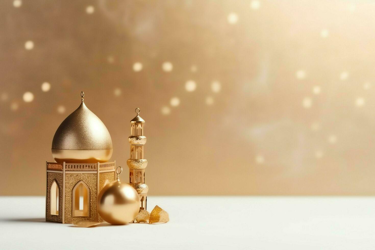 Eid mubarak and ramadan kareem greetings with copy space. Eid al fitr islamic lantern and mosque concept by AI Generated photo