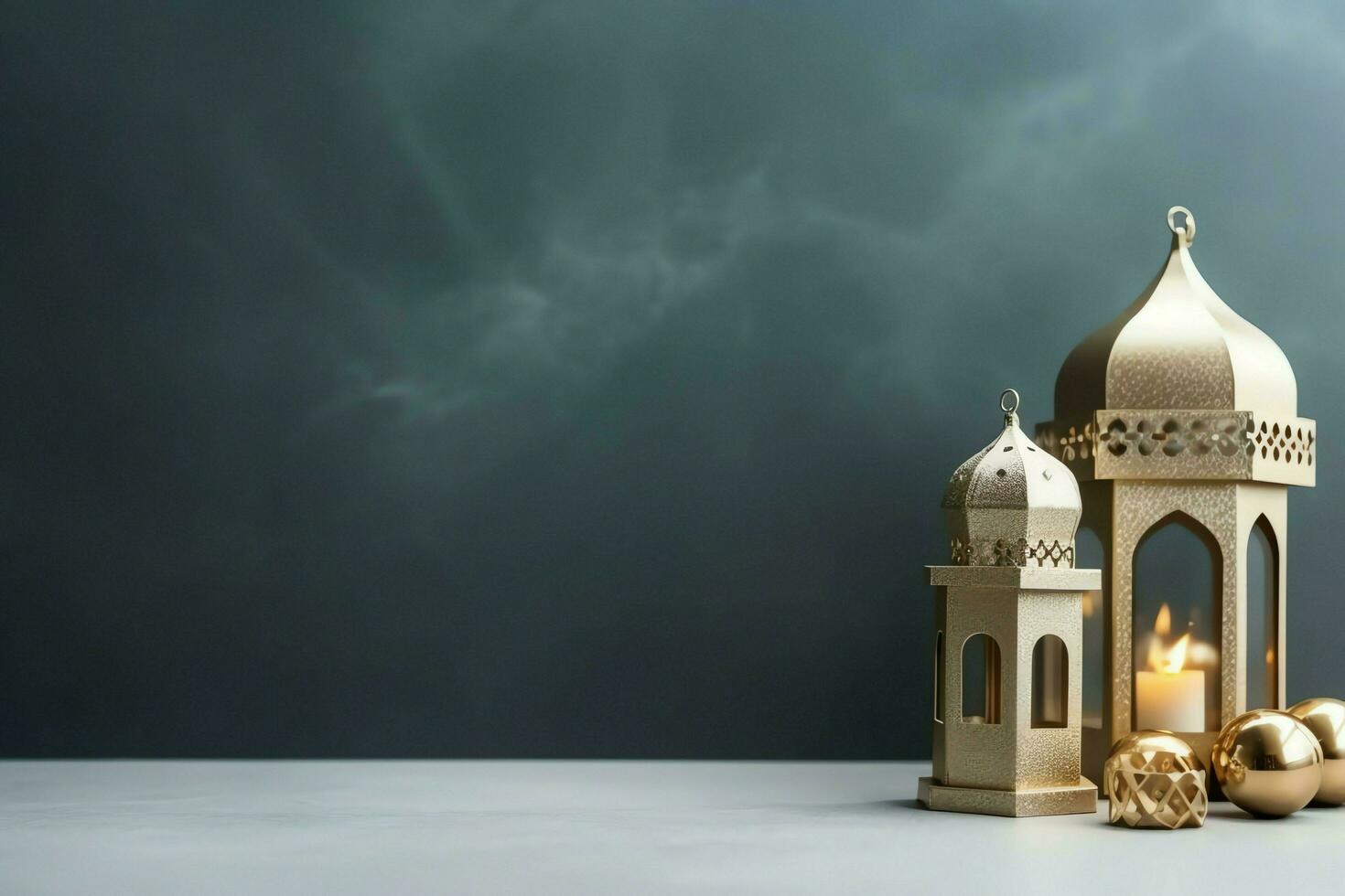 Eid mubarak and ramadan kareem greetings with copy space. Eid al fitr islamic lantern and mosque concept by AI Generated photo