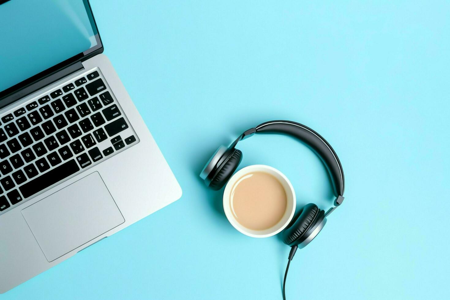 Music or podcast background with electronic devices, headphones, coffee and laptop on office desk concept by AI Generated photo