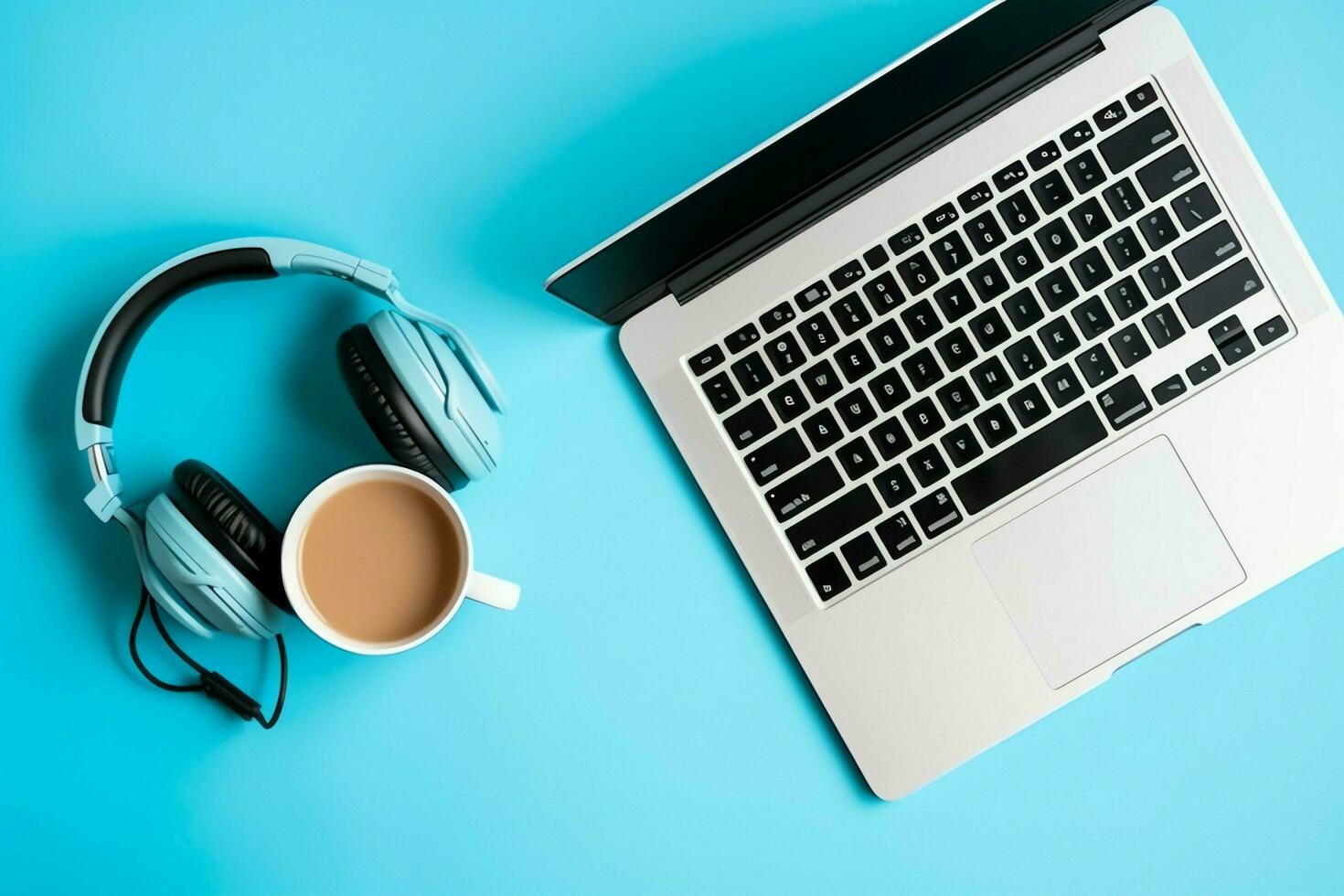 Music or podcast background with electronic devices, headphones, coffee and laptop on office desk concept by AI Generated photo