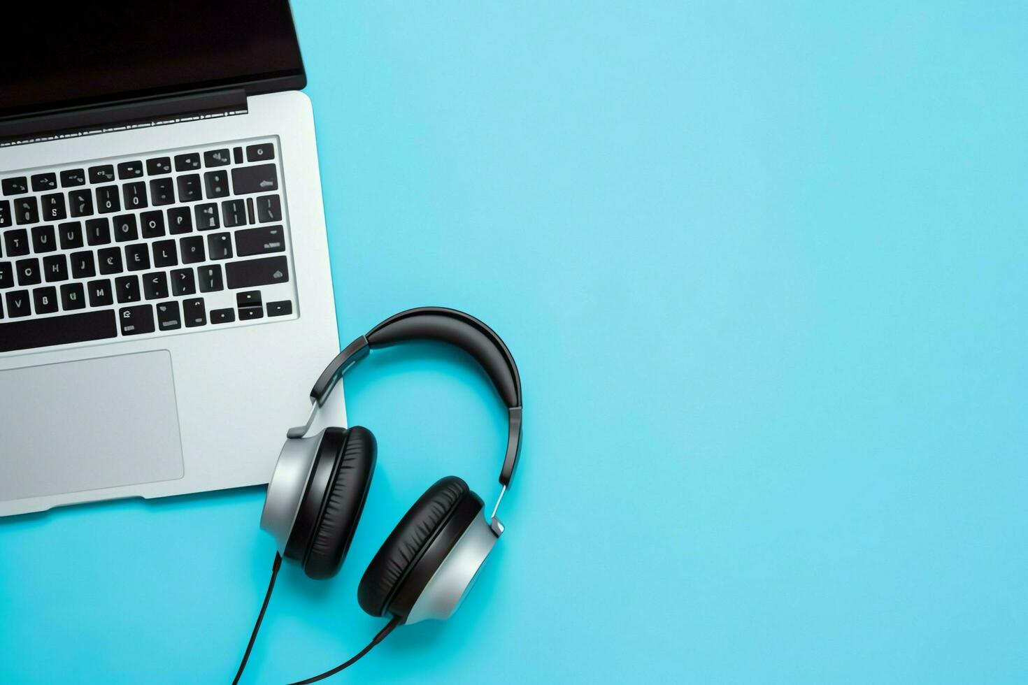Music or podcast background with electronic devices, headphones, coffee and laptop on office desk concept by AI Generated photo
