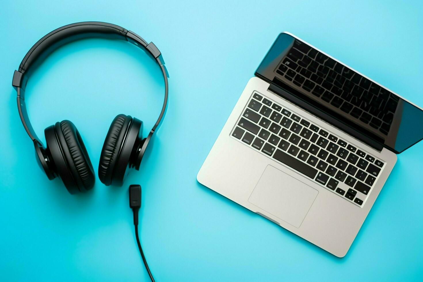 Music or podcast background with electronic devices, headphones, coffee and laptop on office desk concept by AI Generated photo