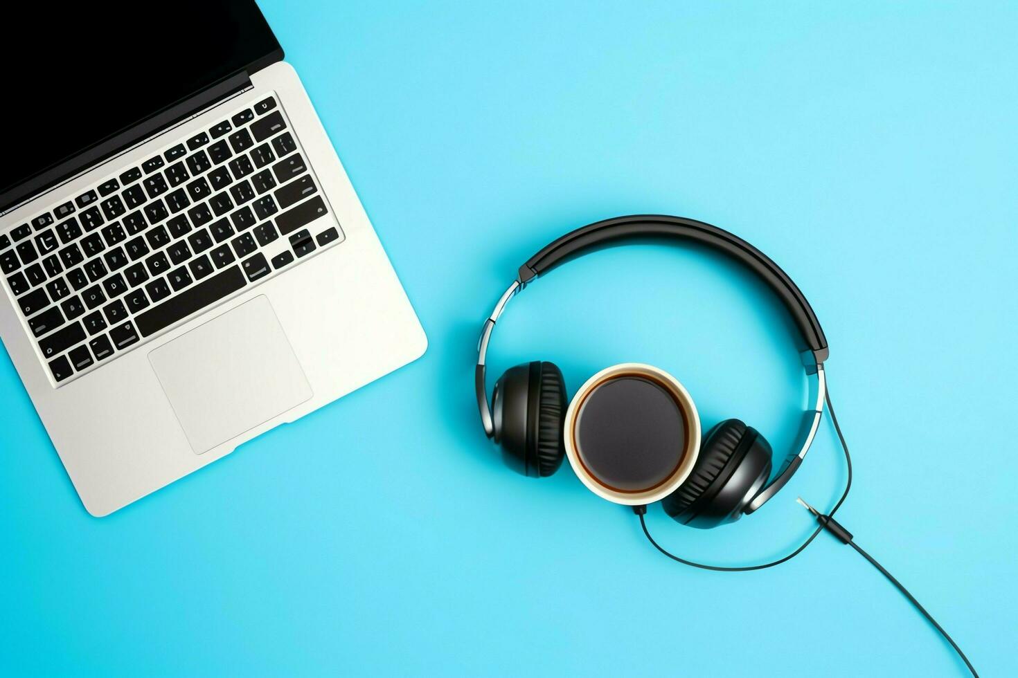 Music or podcast background with electronic devices, headphones, coffee and laptop on office desk concept by AI Generated photo