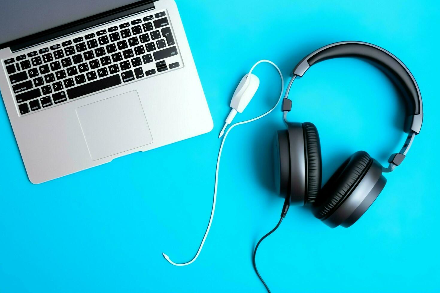 Music or podcast background with electronic devices, headphones, coffee and laptop on office desk concept by AI Generated photo