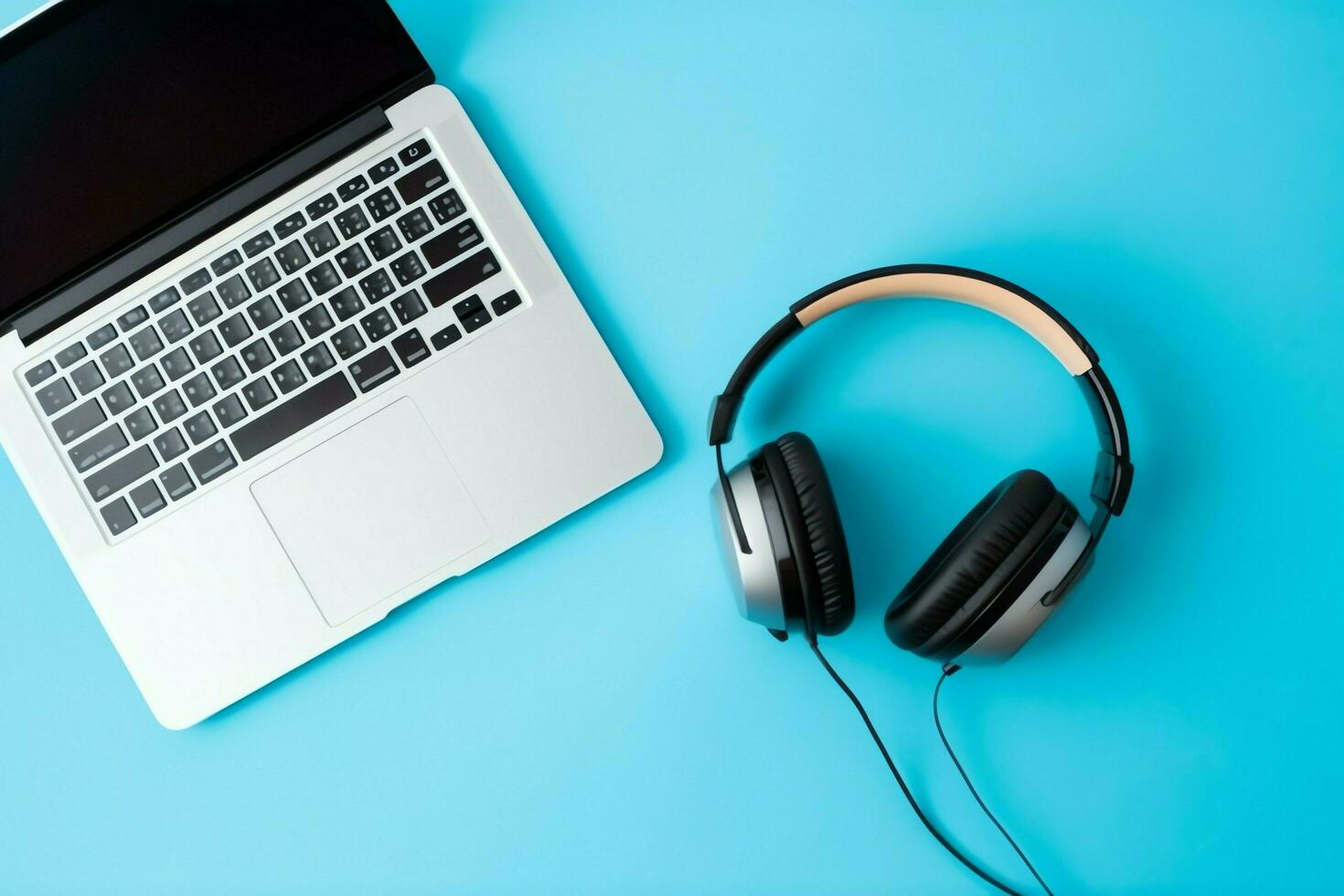 Music or podcast background with electronic devices, headphones, coffee and laptop on office desk concept by AI Generated photo