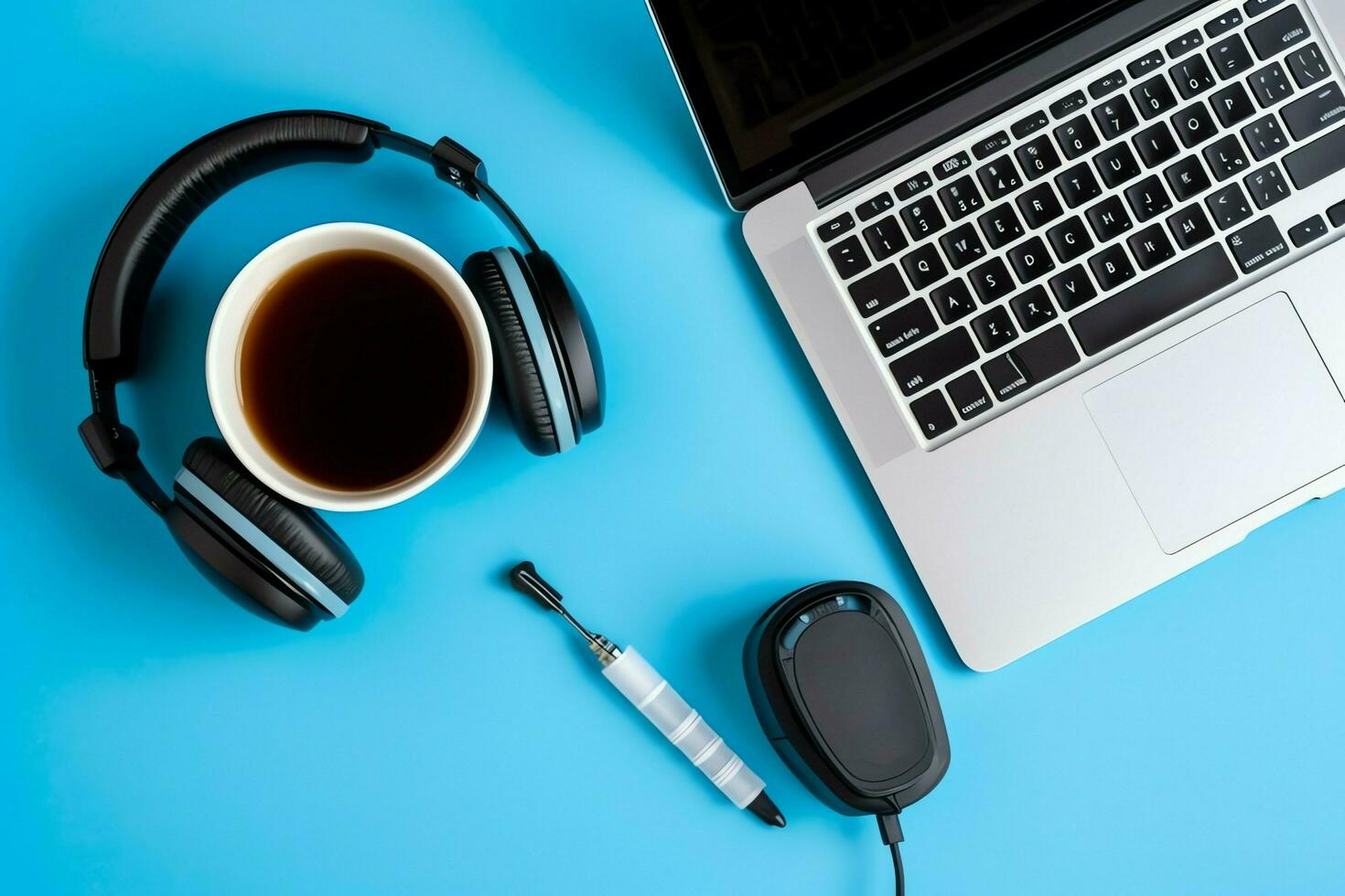 Music or podcast background with electronic devices, headphones, coffee and laptop on office desk concept by AI Generated photo