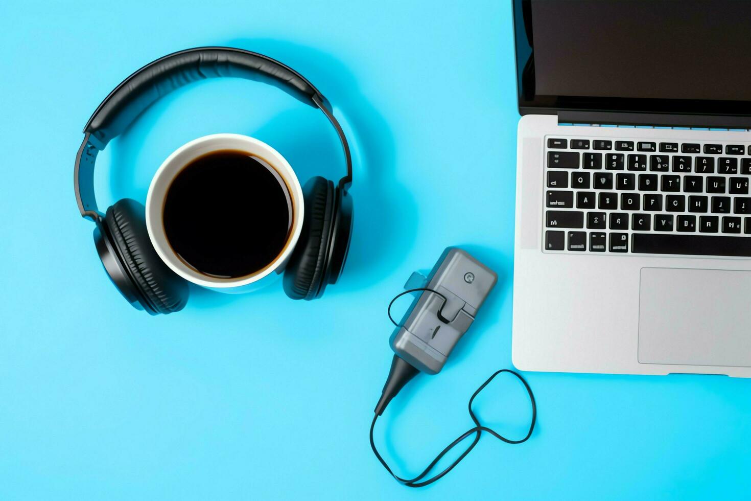 Music or podcast background with electronic devices, headphones, coffee and laptop on office desk concept by AI Generated photo