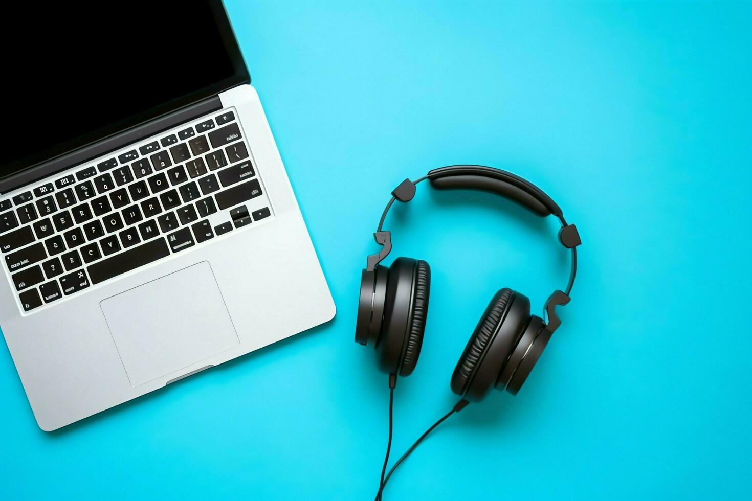 Music or podcast background with electronic devices, headphones, coffee and laptop on office desk concept by AI Generated photo