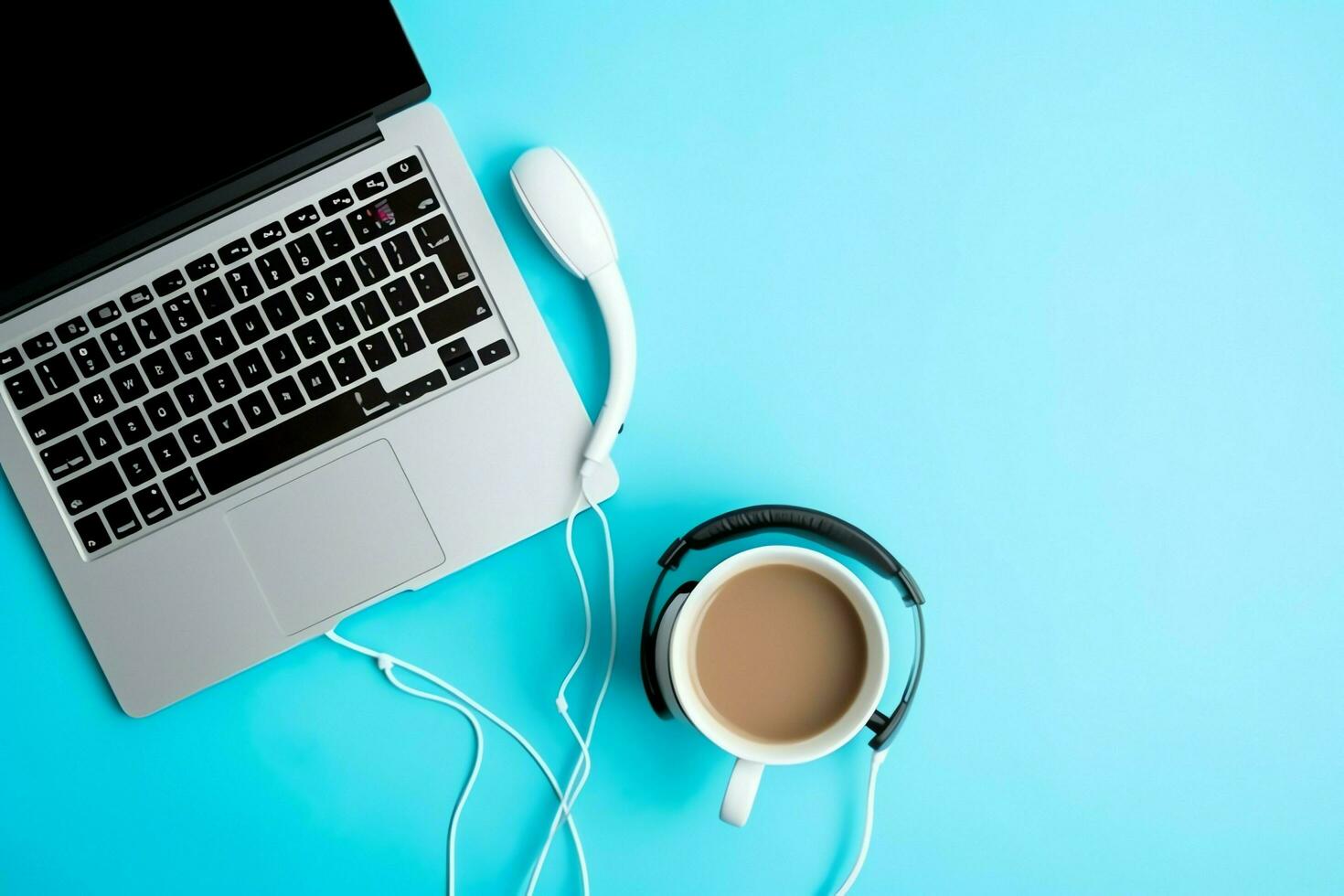 Music or podcast background with electronic devices, headphones, coffee and laptop on office desk concept by AI Generated photo
