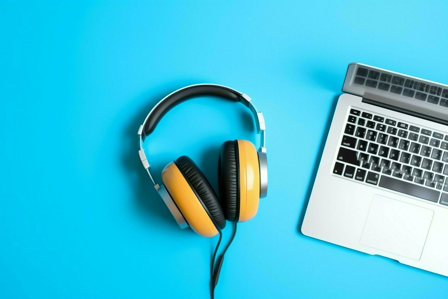 Music or podcast background with electronic devices, headphones, coffee and laptop on office desk concept by AI Generated photo