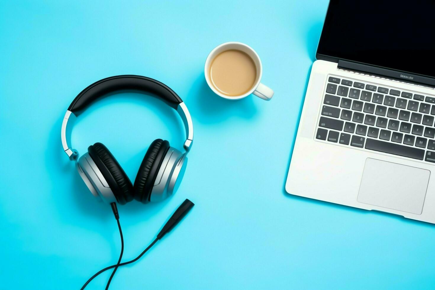 Music or podcast background with electronic devices, headphones, coffee and laptop on office desk concept by AI Generated photo