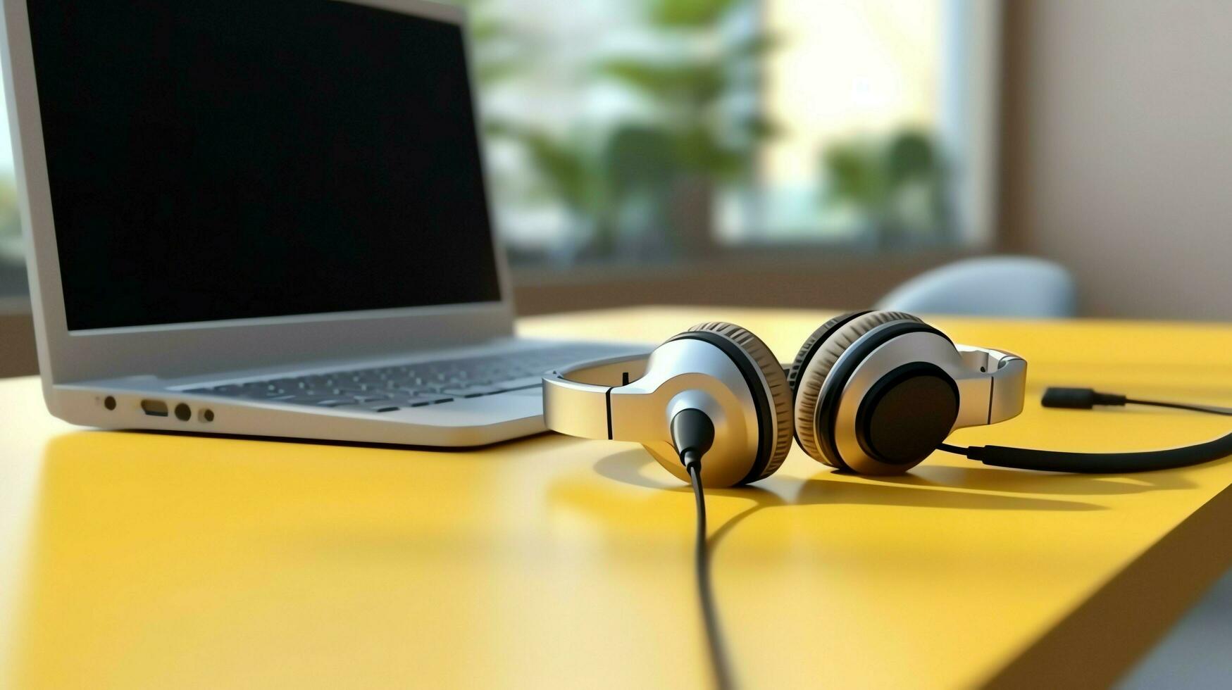 Music or podcast background with electronic devices, headphones, coffee and laptop on office desk concept by AI Generated photo